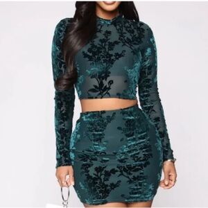 Fashion Nova Teal Velvet Floral Skirt Set